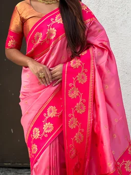 Lotus Paithani Soft Silk Saree with Gold Zari Floral Motifs & Meenakari Pallu - FREE, BABY PINK