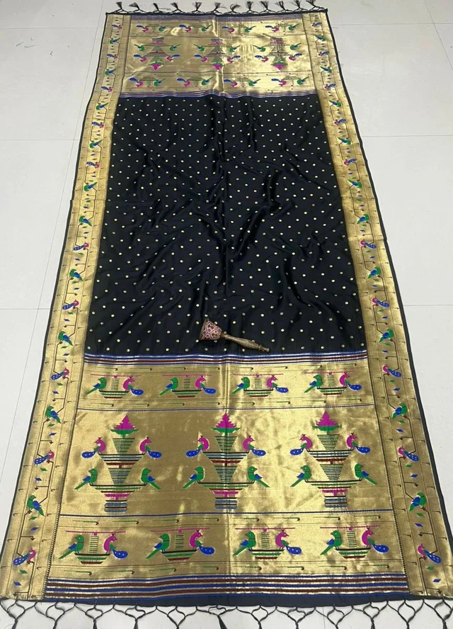 Luxury Black Soft Silk Dupatta with Classic Zari Buti and Traditional Heritage Rich Weaving Border