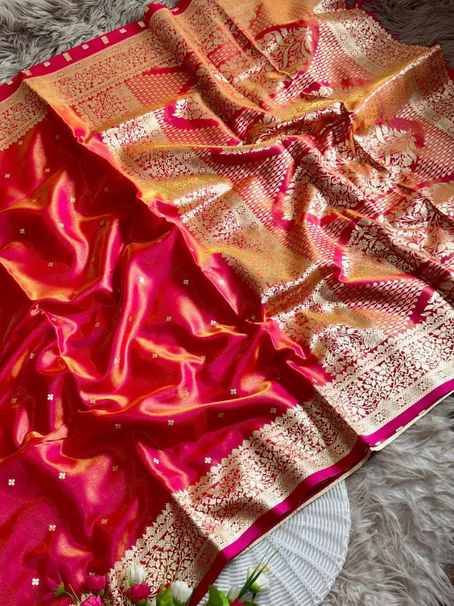 Luxury Glass Satin Silk Saree | Traditional Banarasi Weave with Lustrous Finish and Designer Pallu - FREE, Cherry Red