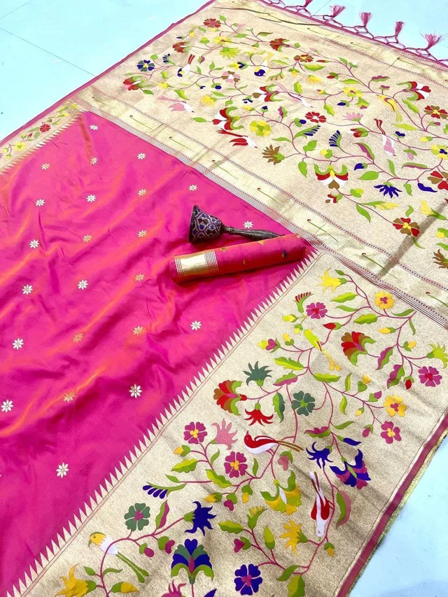 Maharashtrian Dual Shade  Soft Silk Paithani Saree with Temple Border & Meenakari Floral Pallu