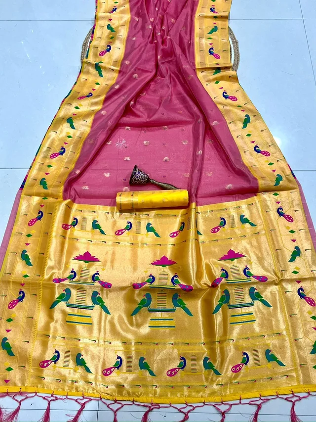 Organza Paithani Silk Saree with Rich Meenakari Peacock Pallu & Contrast Blouse Piece
