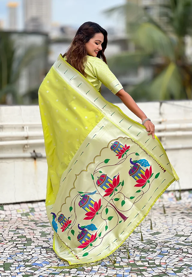 Pastel Paithani Saree with Silver Zari Weaving & Peacock Meenakari Pallu - FREE, GREEN