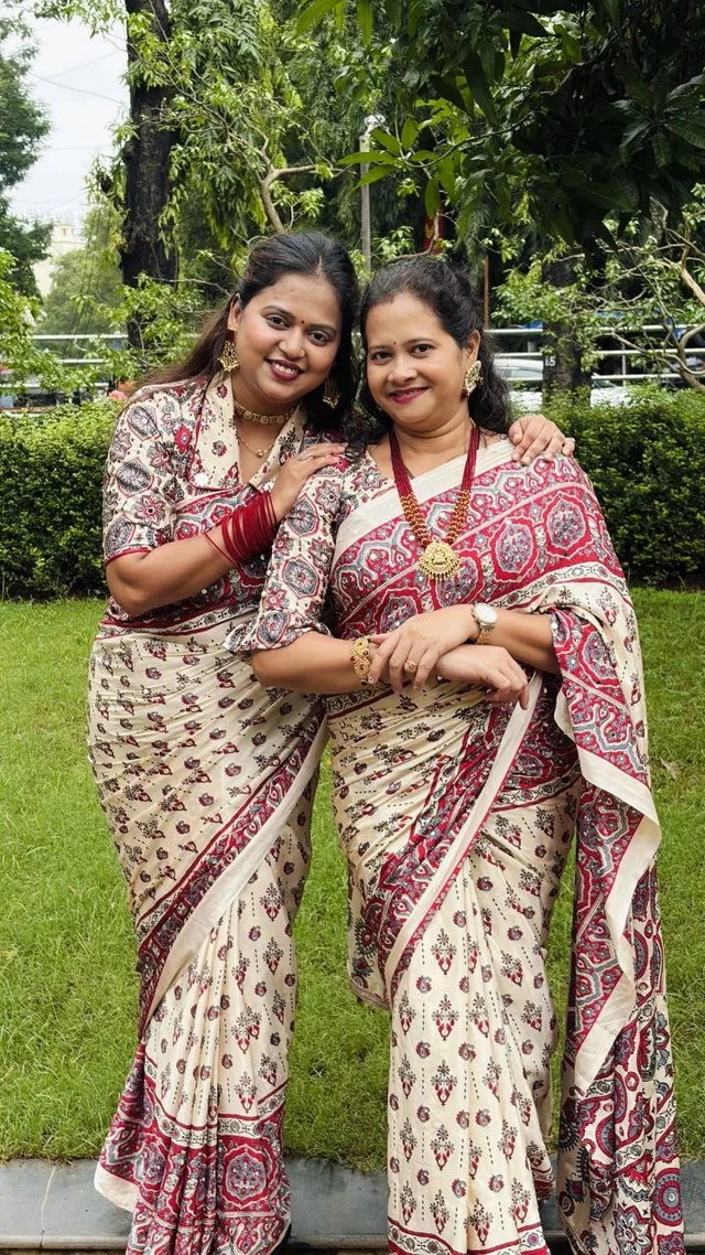 Premium  Ajrakh Print creap Silk Saree with  Real mirror  Work