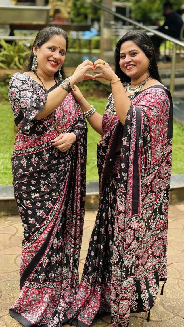 Premium  Ajrakh Print creap Silk Saree with  Real mirror  Work