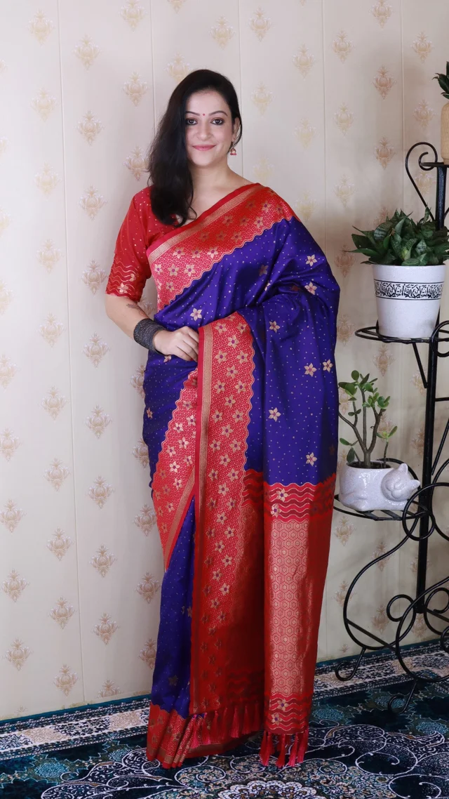 Premium Banarasi Soft Silk Saree with Gold Zari Flower Weaves & Wavy Border