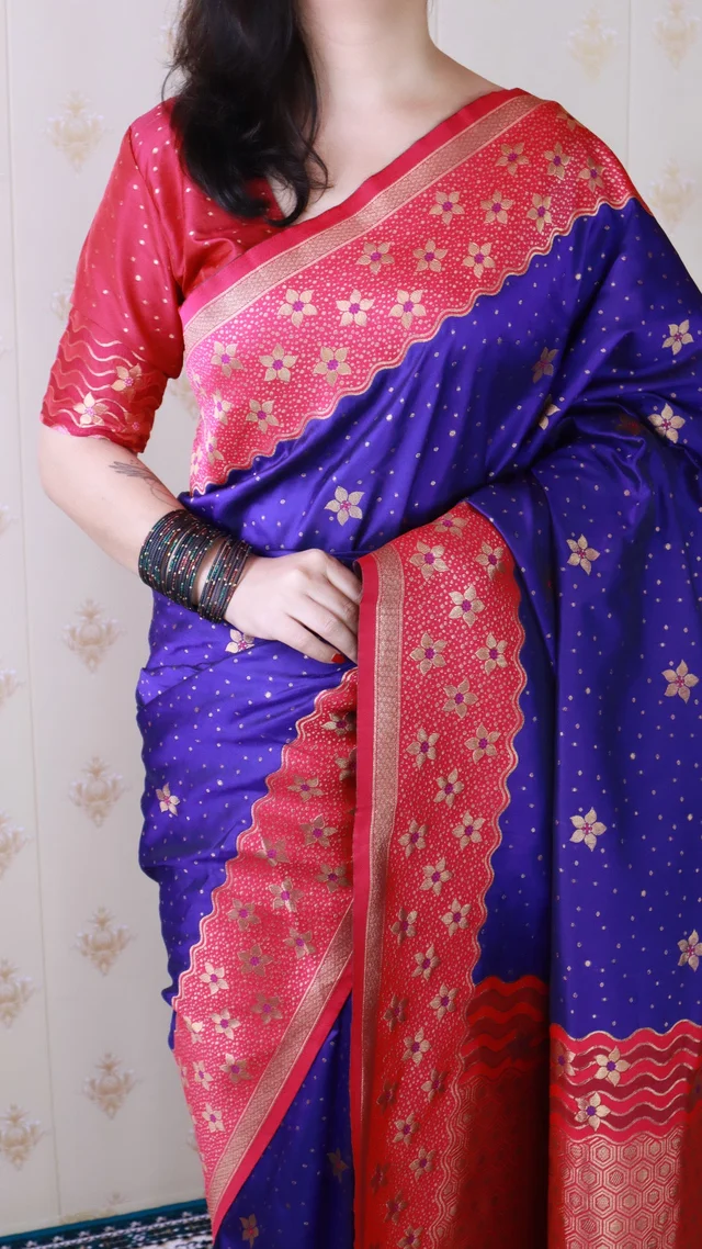 Premium Banarasi Soft Silk Saree with Gold Zari Flower Weaves & Wavy Border - FREE, VIOLET