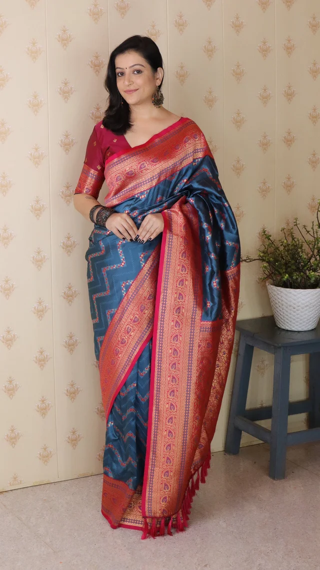 Premium Banarasi Soft Silk Saree with Gold Zari Zigzag Geometric Weaves