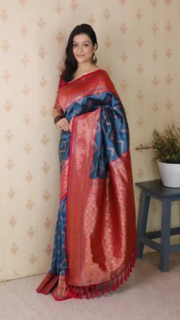 Premium Banarasi Soft Silk Saree with Gold Zari Zigzag Geometric Weaves - FREE, DENIM