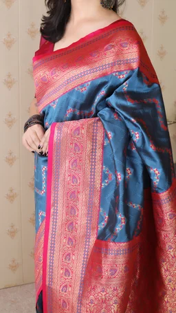 Premium Banarasi Soft Silk Saree with Gold Zari Zigzag Geometric Weaves - FREE, DENIM