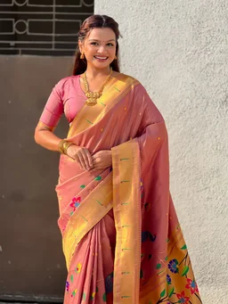 Premium Collection: Original Tissue Silk Paithani with Traditional Meenakari Pallu - FREE, WINE