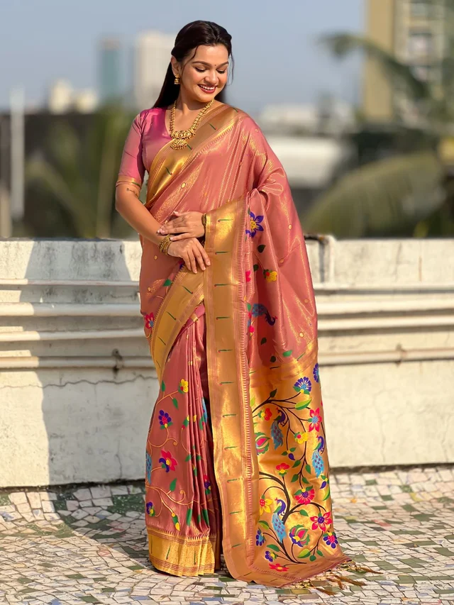 Premium Collection: Original Tissue Silk Paithani with Traditional Meenakari Pallu - FREE, WINE