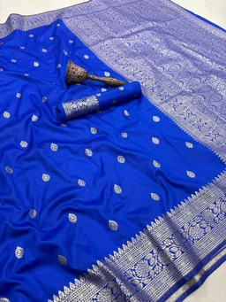 Premium Soft Banarasi Silk Saree with Elegant Silver Zari Weaving and Designer Floral Pallu - FREE, Royal Blue