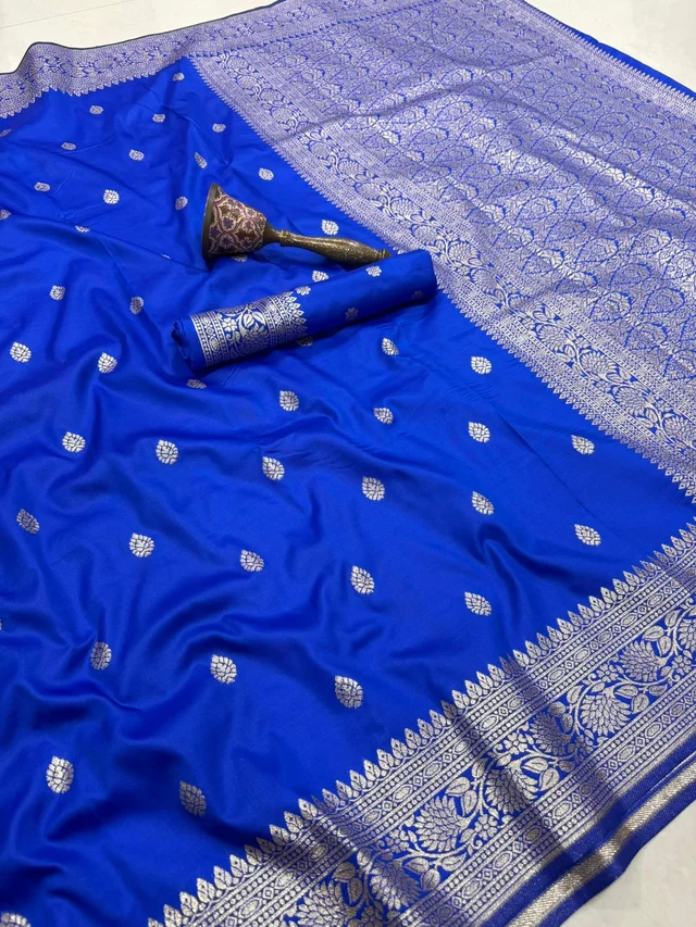Premium Soft Banarasi Silk Saree with Elegant Silver Zari Weaving and Designer Floral Pallu - FREE, Royal Blue