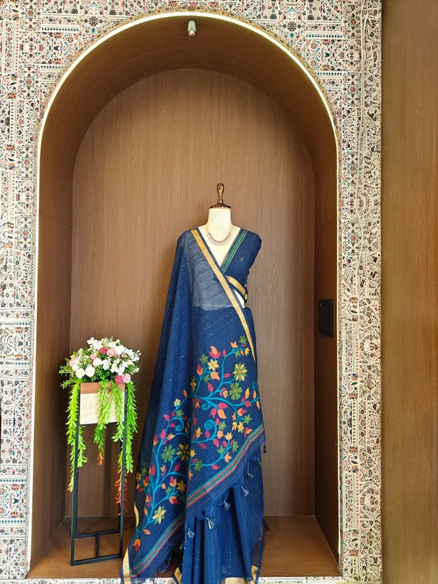 Premium Soft Linen Silk Saree with Rich Meena Weaving Jamdani Pallu & Sequence Work 