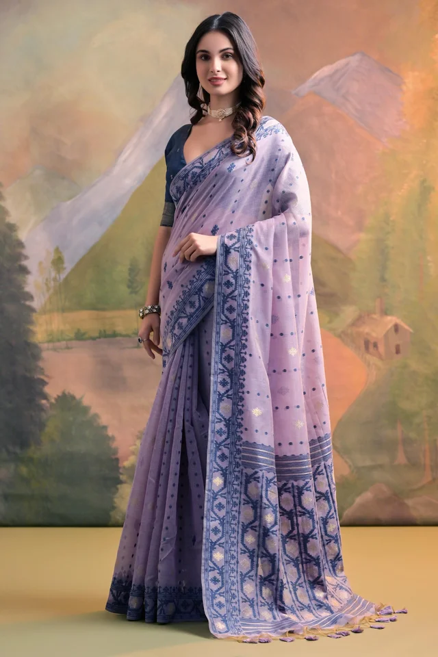 Premium Soft Muga Cotton Jamdani Saree with Contrast Weaving Border-MUGA COTTON JAMDANI 5
