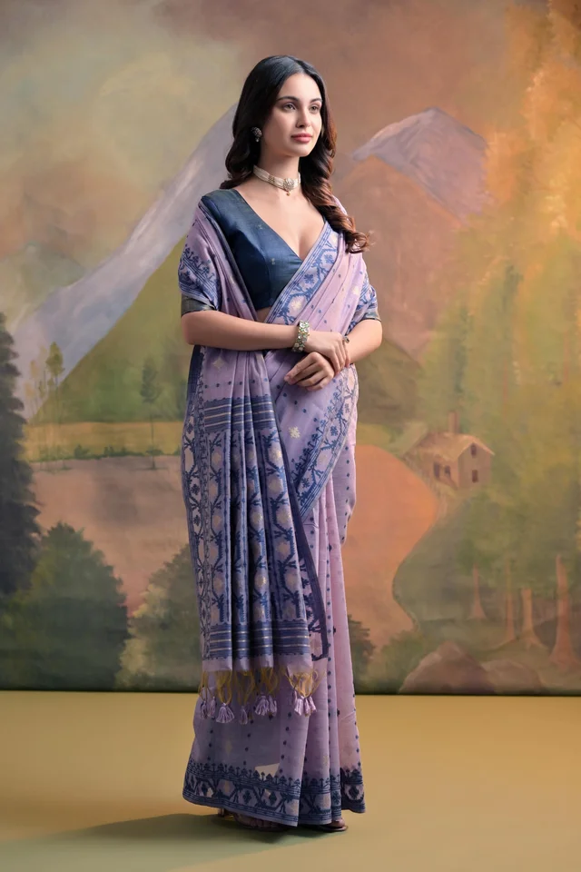 Premium Soft Muga Cotton Jamdani Saree with Contrast Weaving Border-MUGA COTTON JAMDANI 5 - FREE, LIGHT PURPLE