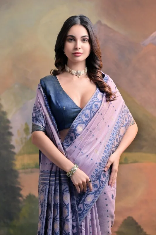 Premium Soft Muga Cotton Jamdani Saree with Contrast Weaving Border-MUGA COTTON JAMDANI 5 - FREE, LIGHT PURPLE