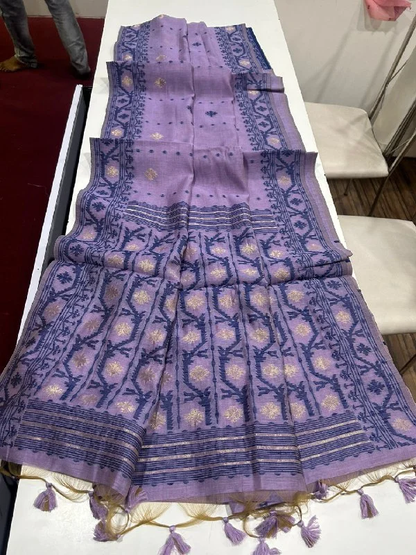 Premium Soft Muga Cotton Jamdani Saree with Contrast Weaving Border-MUGA COTTON JAMDANI 5 - FREE, LIGHT PURPLE