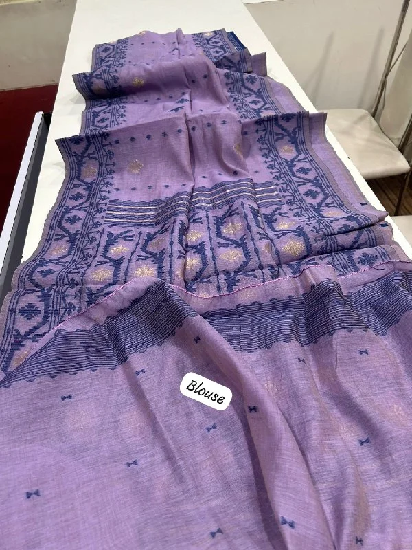 Premium Soft Muga Cotton Jamdani Saree with Contrast Weaving Border-MUGA COTTON JAMDANI 5 - FREE, LIGHT PURPLE