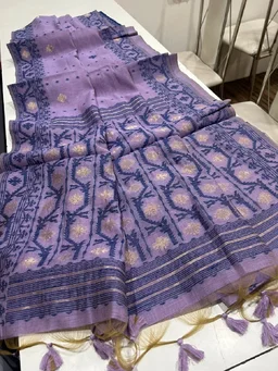 Premium Soft Muga Cotton Jamdani Saree with Contrast Weaving Border-MUGA COTTON JAMDANI 5 - FREE, LIGHT PURPLE
