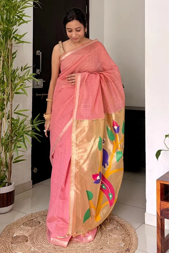 Premium Soft Muga Cotton Jamdani Saree with Rich Zari & Meena Weaving Tissue Paithani Pallu | Muga Cotton 174