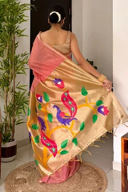 Premium Soft Muga Cotton Jamdani Saree with Rich Zari & Meena Weaving Tissue Paithani Pallu | Muga Cotton 174 - FREE, Peach Pink