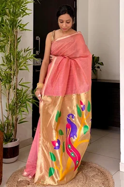 Premium Soft Muga Cotton Jamdani Saree with Rich Zari & Meena Weaving Tissue Paithani Pallu | Muga Cotton 174 - FREE, Peach Pink