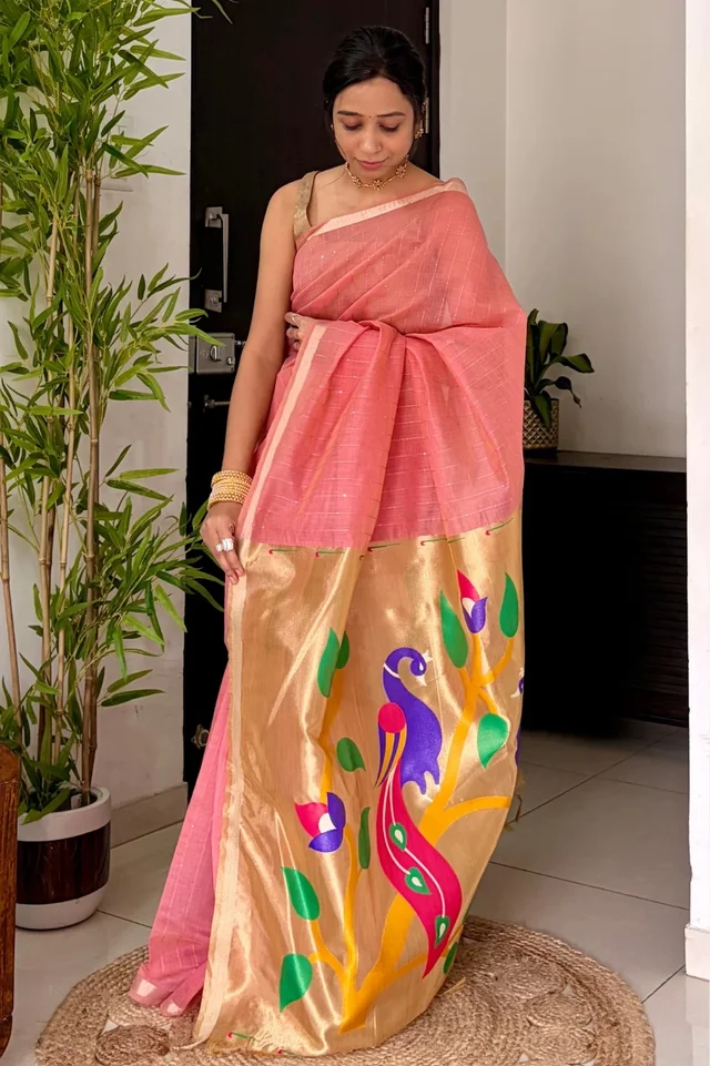 Premium Soft Muga Cotton Jamdani Saree with Rich Zari & Meena Weaving Tissue Paithani Pallu | Muga Cotton 174 - FREE, Peach Pink