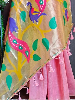 Premium Soft Muga Cotton Jamdani Saree with Rich Zari & Meena Weaving Tissue Paithani Pallu | Muga Cotton 174 - FREE, Peach Pink
