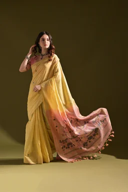 Premium Soft Muga Cotton Saree with Resham Pichwai Pallu & Zari Border (Muga Cotton 408) - FREE, LIGHT YELLOW