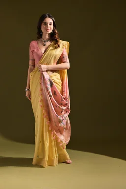 Premium Soft Muga Cotton Saree with Resham Pichwai Pallu & Zari Border (Muga Cotton 408) - FREE, LIGHT YELLOW