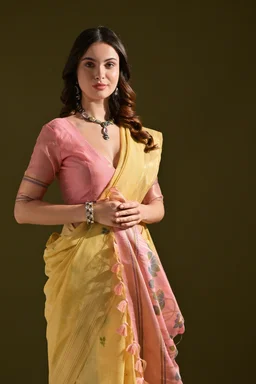Premium Soft Muga Cotton Saree with Resham Pichwai Pallu & Zari Border (Muga Cotton 408) - FREE, LIGHT YELLOW