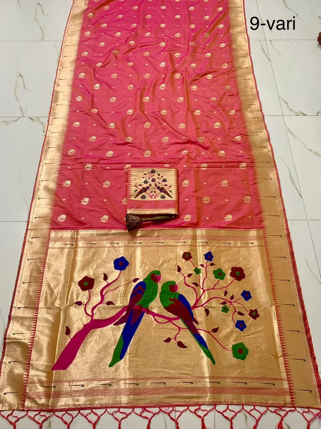 Premium Soft Silk 9-Vari Nauvari Saree with Tree-Parrot Meenakari Pallu & Matching Blouse