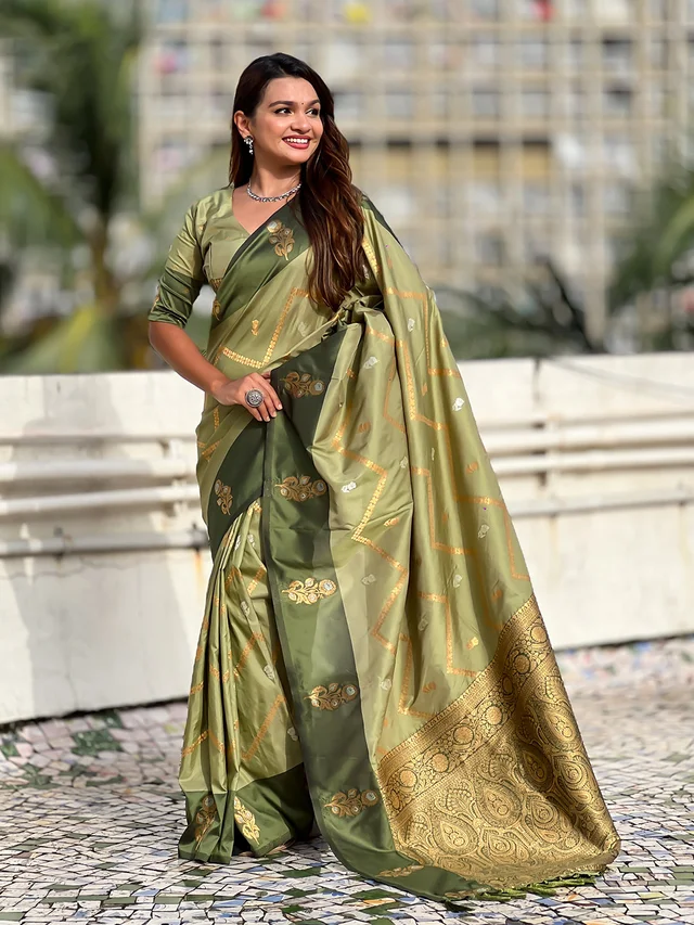 Premium Soft Silk Dusty Saree with Zigzag Motifs & Floral Zari Border - FREE, DIYA-PISTA