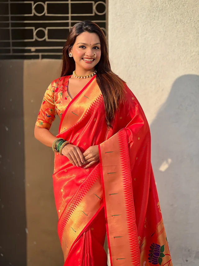 Premium Soft Tissue Paithani Saree with Lotus Meenakari Pallu and Muniya Border - FREE, RED