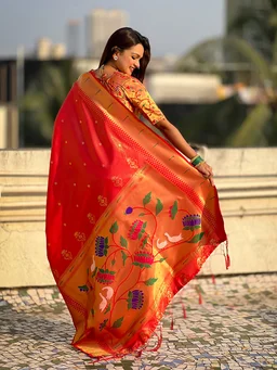 Premium Soft Tissue Paithani Saree with Lotus Meenakari Pallu and Muniya Border - FREE, RED