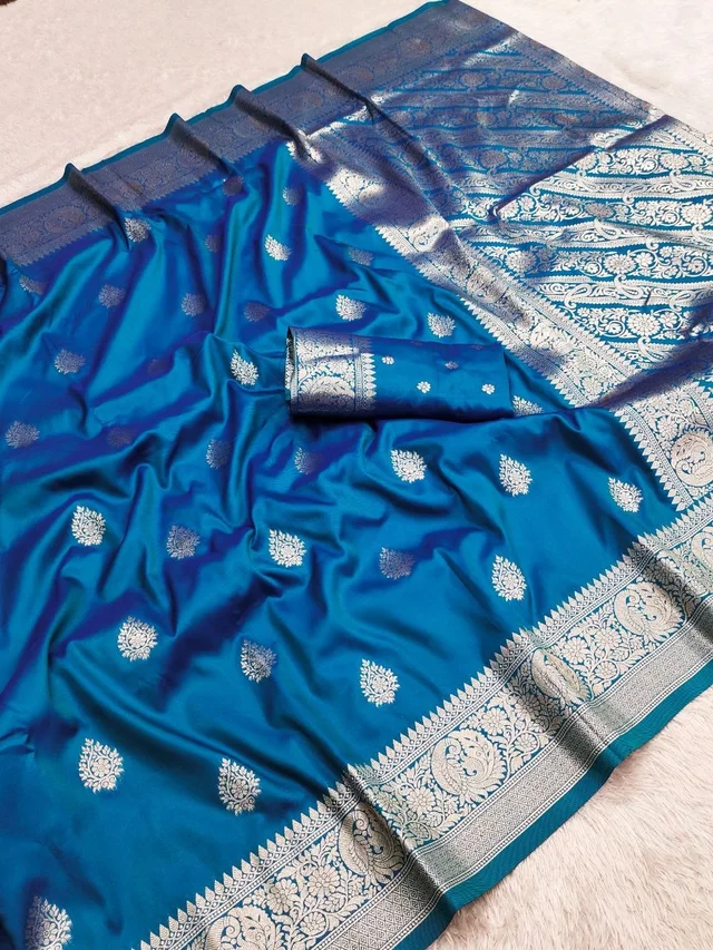 Pure Grace: Soft Banarasi Silk Saree with Gold Zari Motifs & Contrast Weaving Border