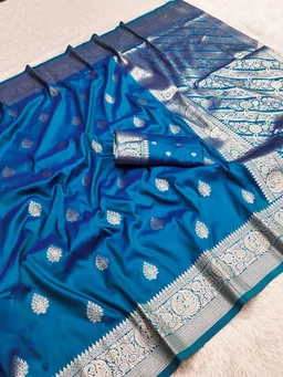 Pure Grace: Soft Banarasi Silk Saree with Gold Zari Motifs & Contrast Weaving Border - FREE, Firozi Blue