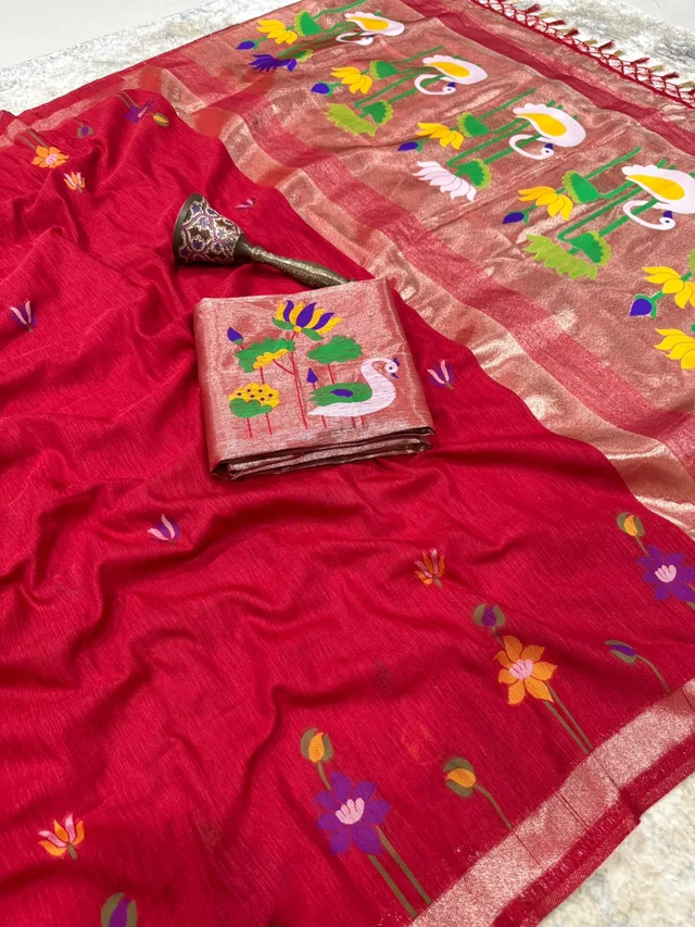 Pure Premium Soft Linen Silk Saree in Red with Floral Lotus & Swan Meenakari Design
