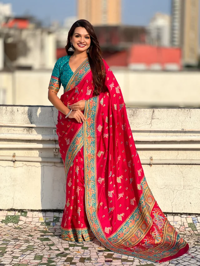 Pure Viscose Silk Saree with Meenakari Folk Motifs & Rich Zari Pallu