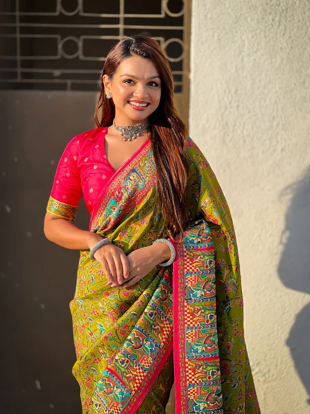 Pure Viscose Silk Saree with Meenakari Zari Jaal & Traditional Pallu - FREE, MEHENDI