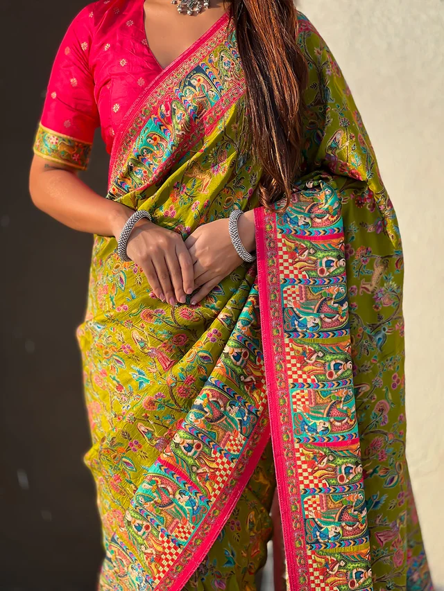 Pure Viscose Silk Saree with Meenakari Zari Jaal & Traditional Pallu - FREE, MEHENDI