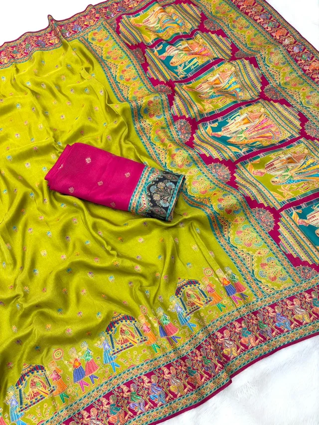 Pure Viscose Silk Saree with Traditional Folk Art Printed Pallu