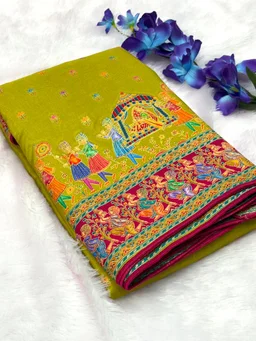 Pure Viscose Silk Saree with Traditional Folk Art Printed Pallu - FREE, MEHENDI