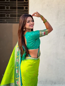 Rajhans Paithani Silk Saree with Gold Zari Meenakari Peacock & Swan Motifs - FREE, PISTA