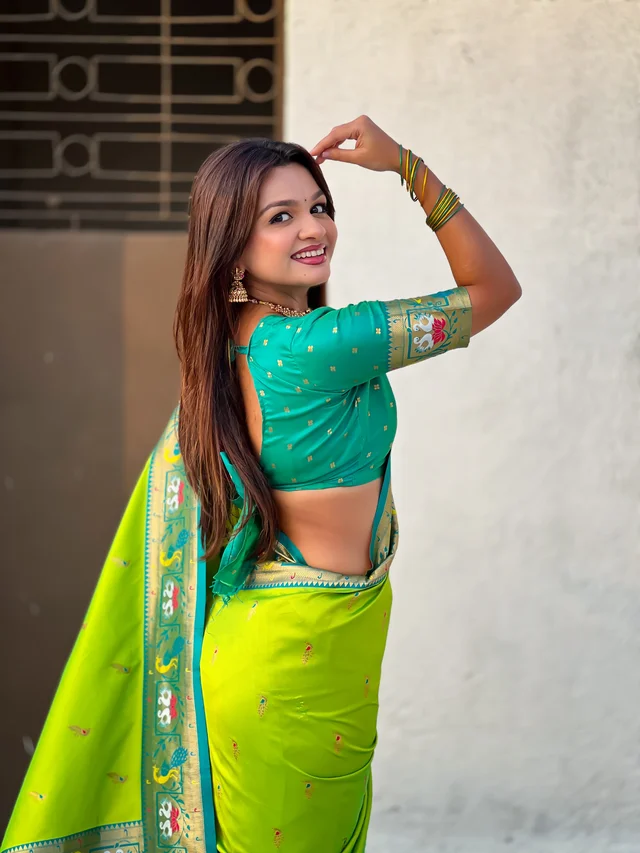 Rajhans Paithani Silk Saree with Gold Zari Meenakari Peacock & Swan Motifs - FREE, PISTA