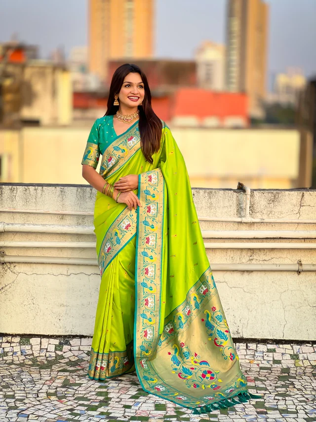 Rajhans Paithani Silk Saree with Gold Zari Meenakari Peacock & Swan Motifs - FREE, PISTA