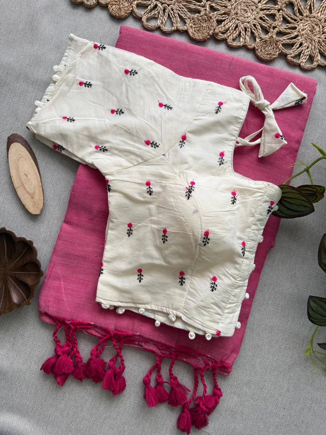 Ready-to-Style Khadi Cotton Saree - Designer Heavy Embroidery Padded Blouse (Size 38-42)-CF- 186
