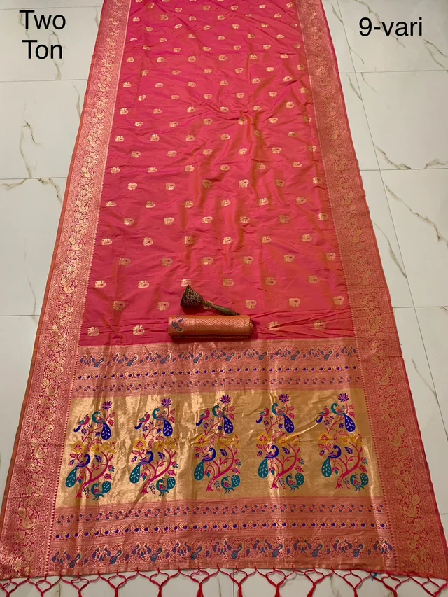 remium Banarasi Soft Silk 9-Vari Saree with Traditional Peacock Tree Pallu & Matching Blouse Piece