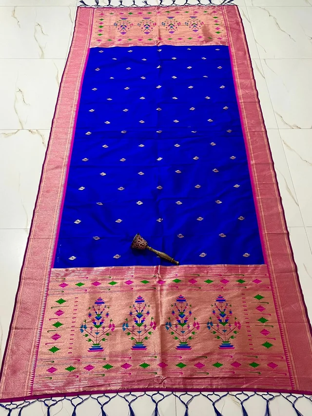 Royal Blue Soft Silk Dupatta with Elegant Zari Buti and Traditional Flower Pot Motif Heavy